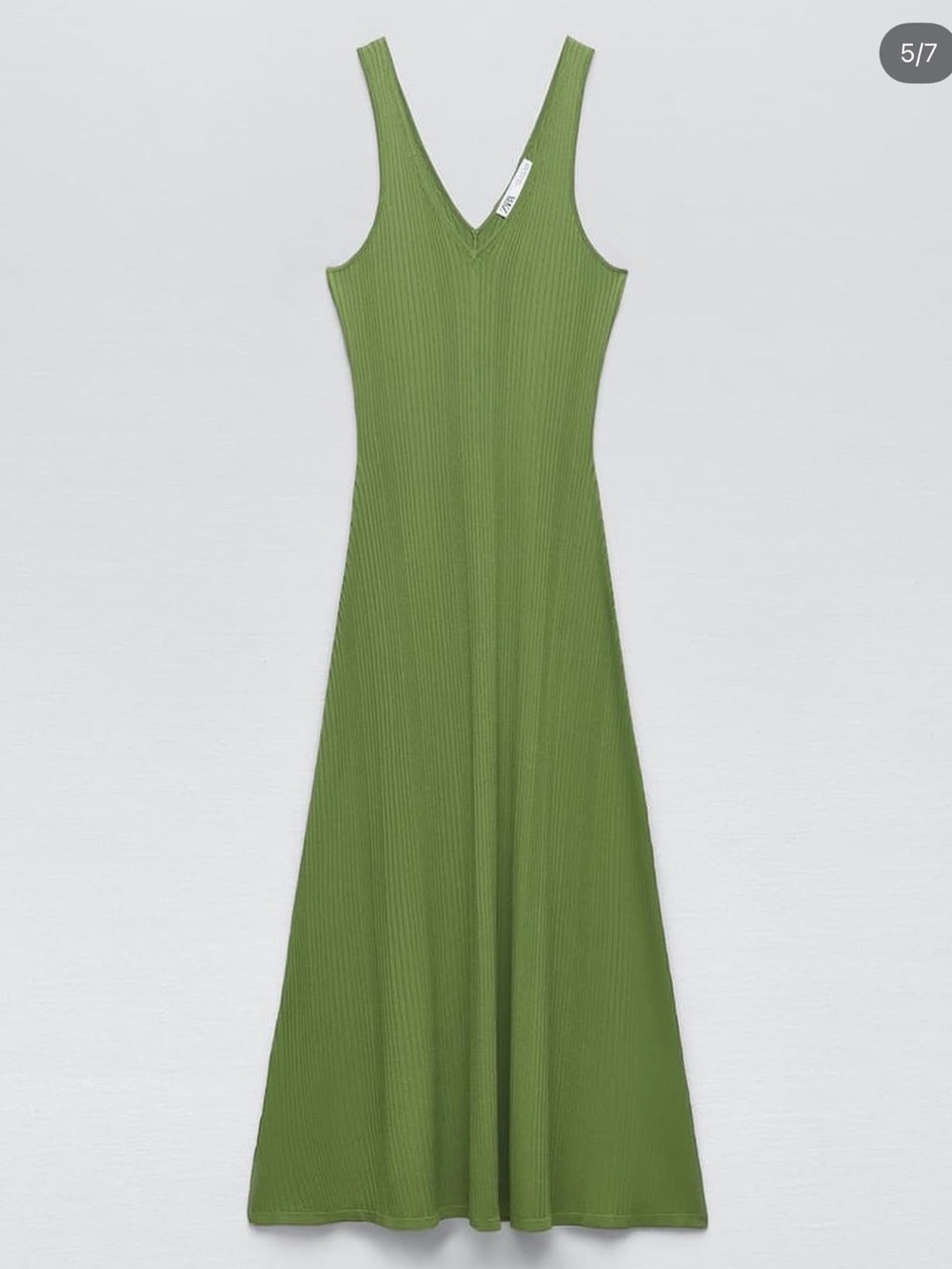 Zara Olive Green Ribbed Midi Dress with V-Neck